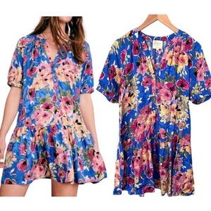 SEZANE 38 M Lennita Floral Botanical Blue Mini Dress Boho anthro